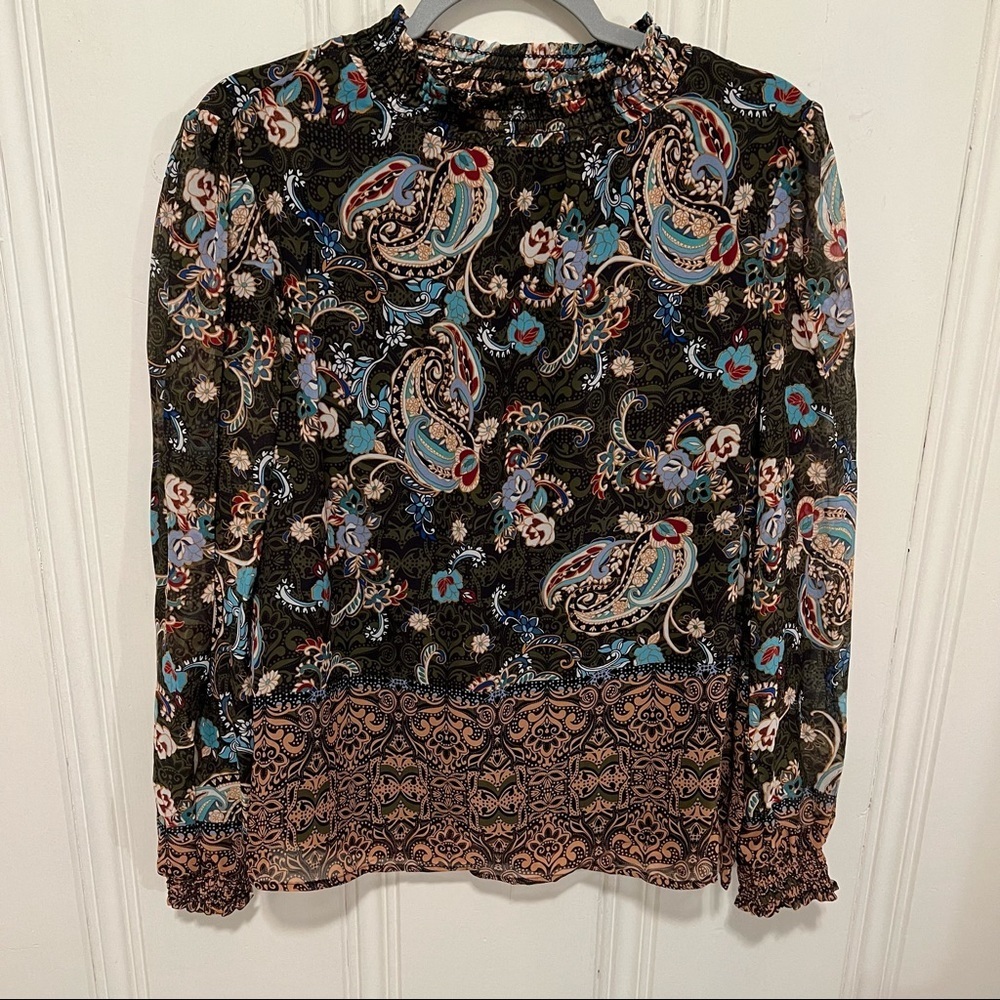 Black Tan Paisley Print Bohemian Mock Neck Long Sleeve Blouse Size Medium NWT